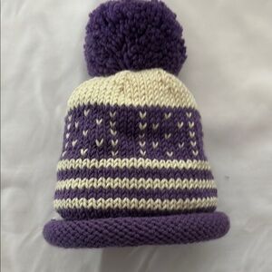 New Cozy hand Knit Purple and Cream Knit Pom-Pom Beanie for Babies